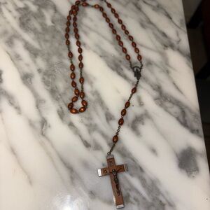 Vintage Wooden Bead Rosary Necklace with Cross Pendant